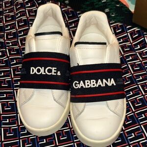 Dolce & Gabbana White Leather Sneakers with Black and Red Straps
